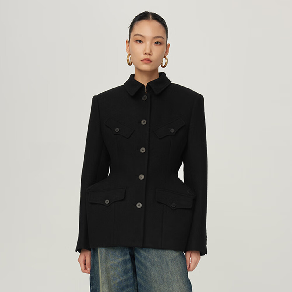 uooyaa/乌丫中山装建筑廓形毛呢外套 黑色 s
