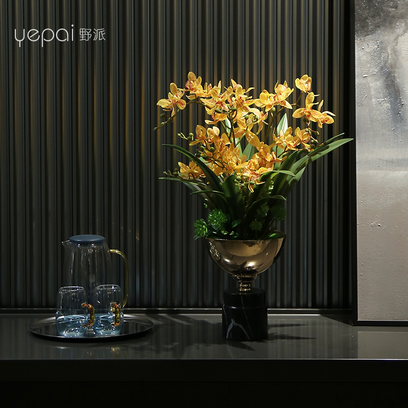 野派輕奢風(fēng)蘭花仿真花擺件家居客廳茶幾擺設(shè)花瓶花藝餐桌花擺件酒店前臺(tái)高端假花擺設(shè)酒柜餐邊柜桌面裝飾花 A款花藝套裝（含花瓶）