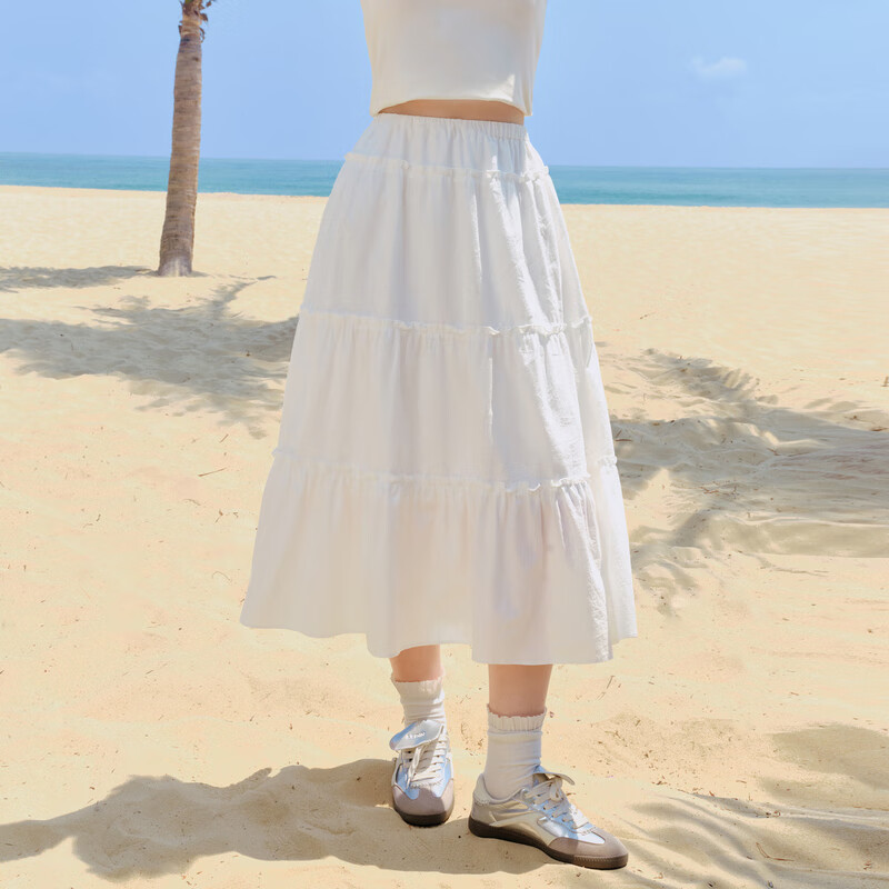 乐町韩系甜美蛋糕长裙24年夏季新款少女感纯棉半身裙基础好穿长裙 米白（现货） S