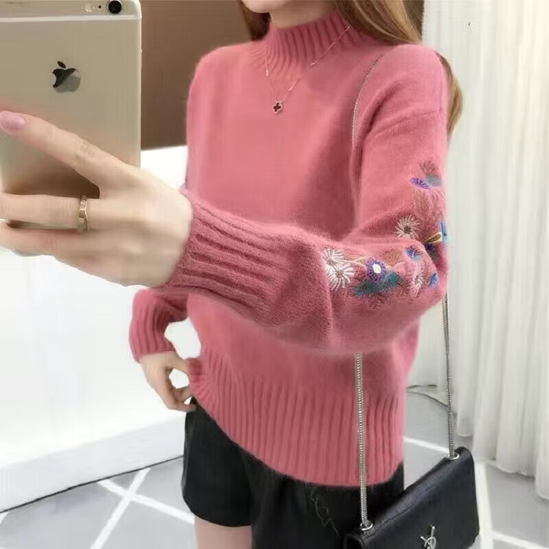 诺煦【包芯纱】半高领毛衣加厚女秋冬季短款刺绣花打底针织衫长袖 酒红色 L  建议105-115斤