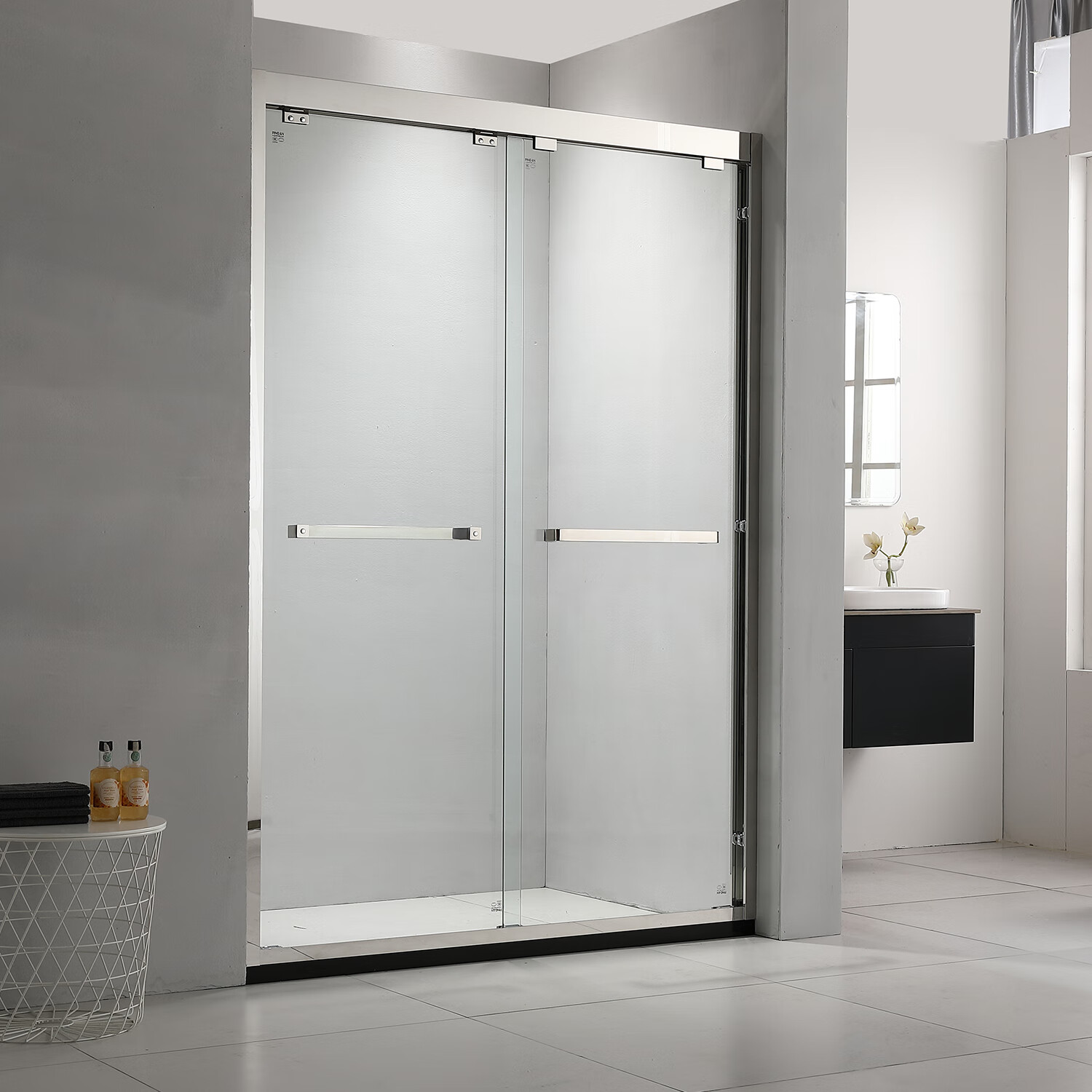 云启格不锈钢干湿分离淋浴房隔断黑色一字型浴室双活动推拉卫浴玻璃门