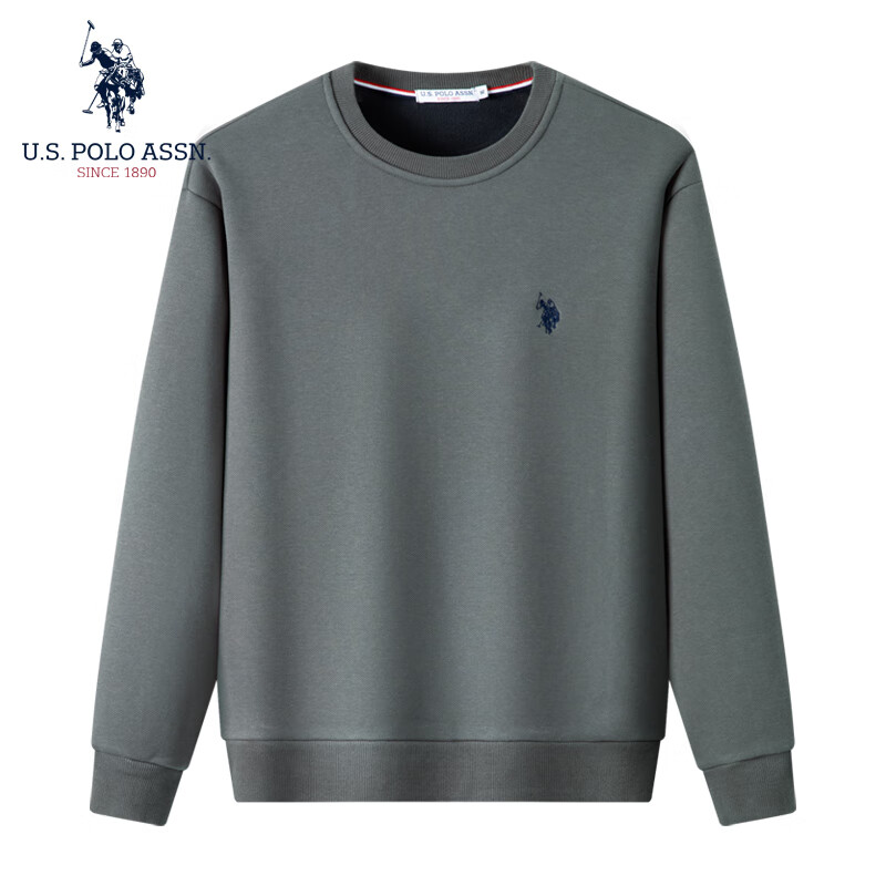 U.S. POLO ASSN.保罗卫衣男春秋款加绒休闲长袖t恤男士圆领卫衣套头男装 灰色 XL/175（135-145斤左右）