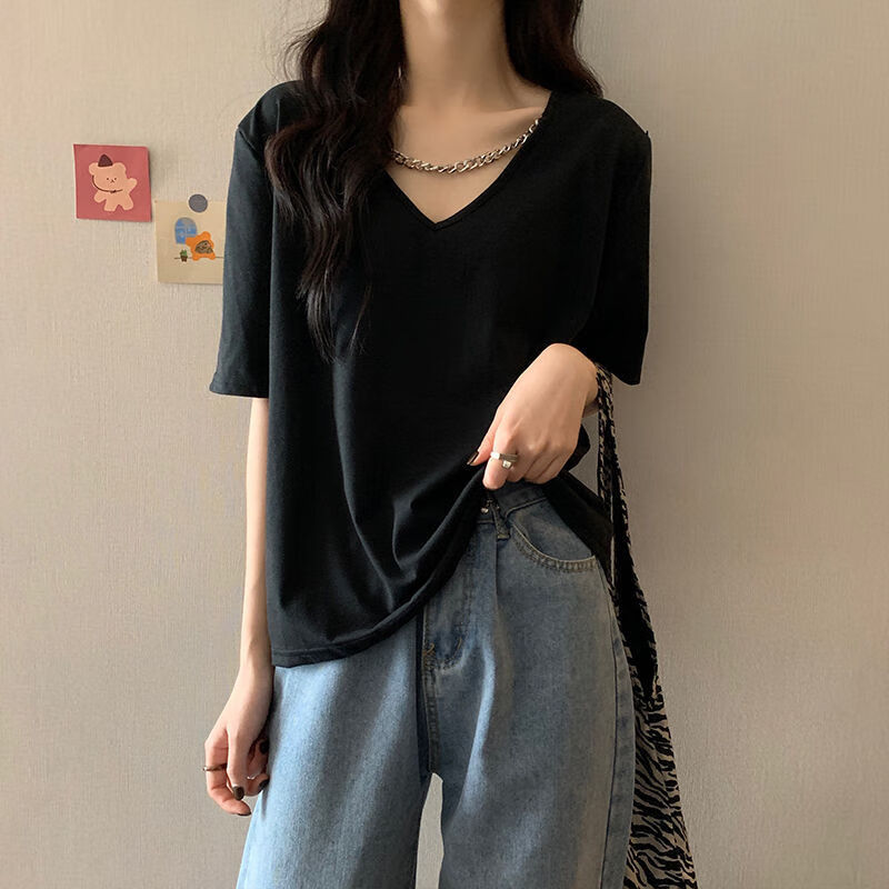 露肚子的衣服搭配阔腿裤的上衣设计感小众v领短袖t恤女夏新款 黑色 m
