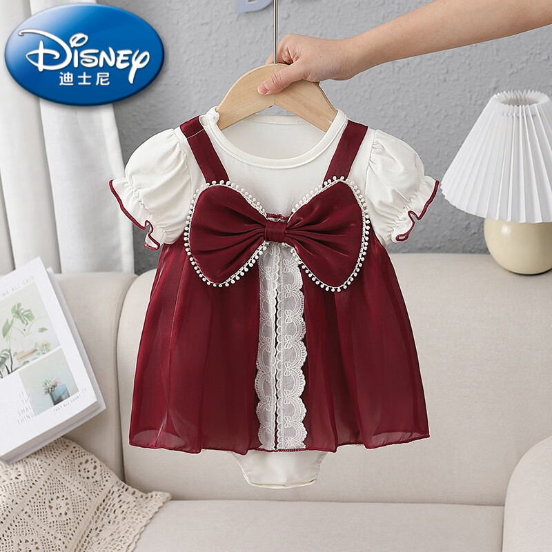 迪士尼（Disney）嬰兒連衣裙夏裝薄款女寶寶連體包屁裙新生兒滿月百天周歲公主禮服 蝴蝶結(jié)【包屁裙】 夏款 59碼【建議0-2月】