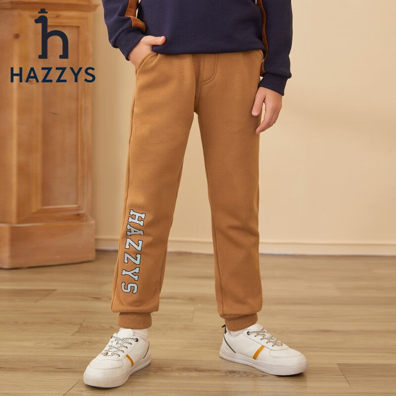 哈吉斯(HAZZYS)品牌童装儿童男童冬新款长裤简约舒适时尚男童针织一体绒长裤 暖卡其 160