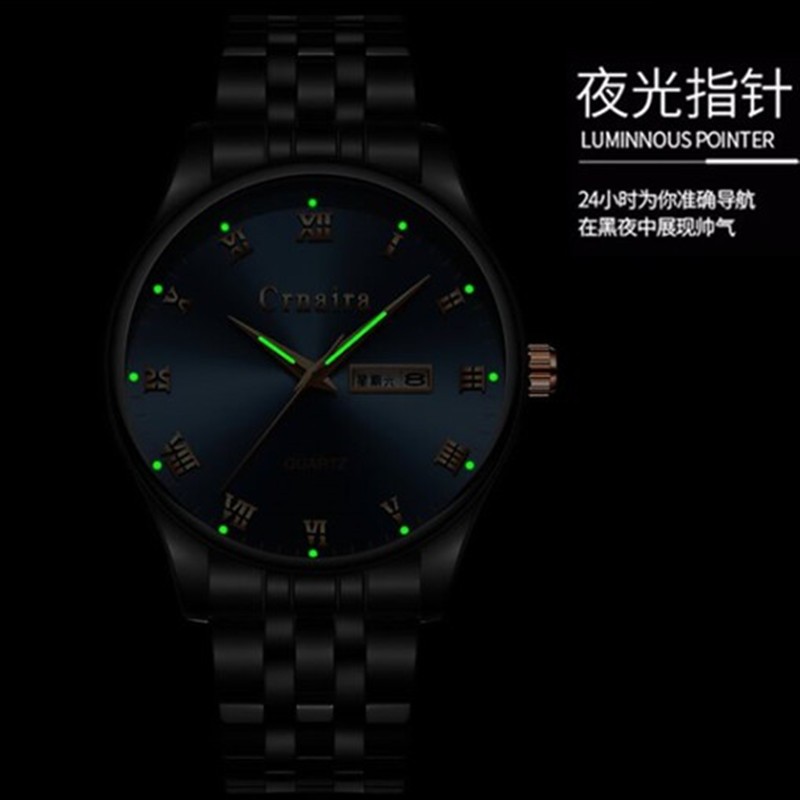 卡奈亚（Crnaira）品牌手表商务男表罗马刻度石英表男士多功能双日历夜光防水钢带潮 黑钢带蓝面