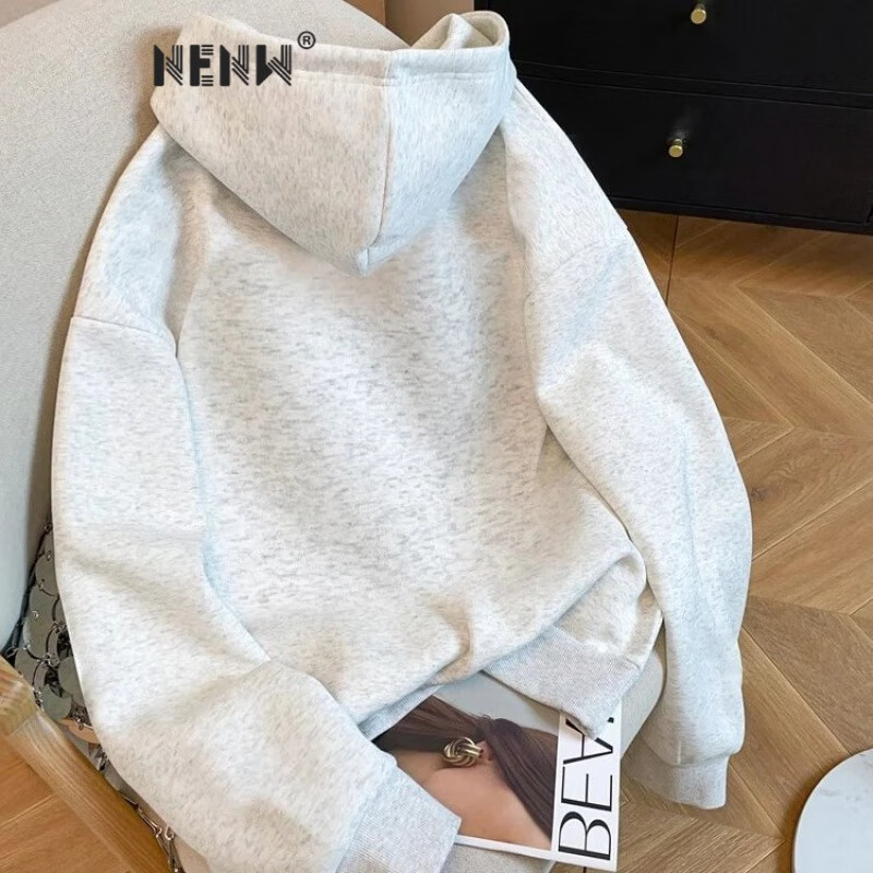 nenw潮流美式慵懒卡通猫咪灰色卫衣女春秋款宽松休闲感学院风连帽上衣