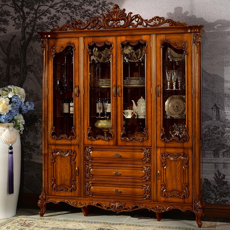 首杰欧式高档四门酒柜美式奢华玻璃门靠墙茶水柜书柜豪宅餐厅客厅家具