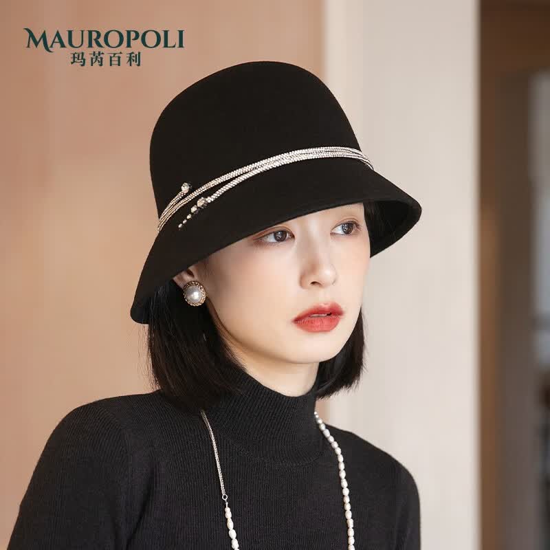 玛芮百利（Mauro Poli）礼帽女英伦复古羊毛毡帽子女秋冬渔夫帽女士优雅时尚毛呢帽子春秋百搭盆帽 黑色 可调节M（55-58cm）属于什么档次？