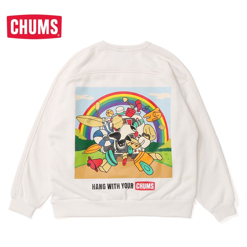 CHUMS洽洽鸟 美式复古情侣款圆领印花宽松加绒保暖卫衣CH00-1355 白色W001 XS