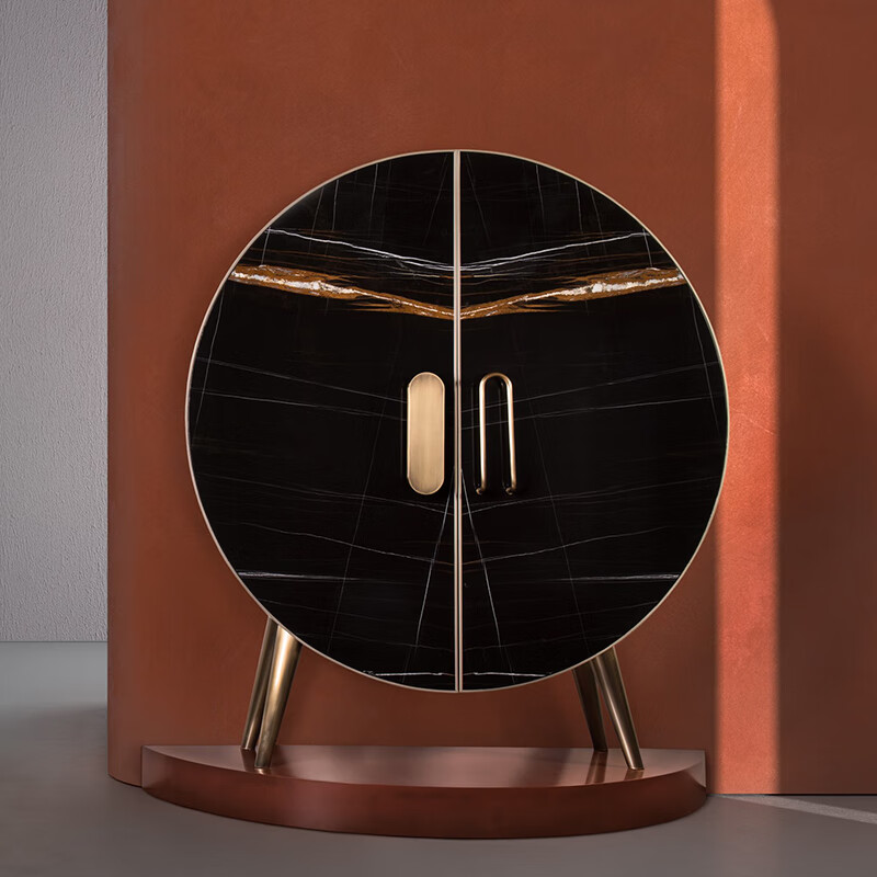 意式轻奢金属设计师圆形餐边柜储物柜样板房大理石酒柜展示柜 酒柜