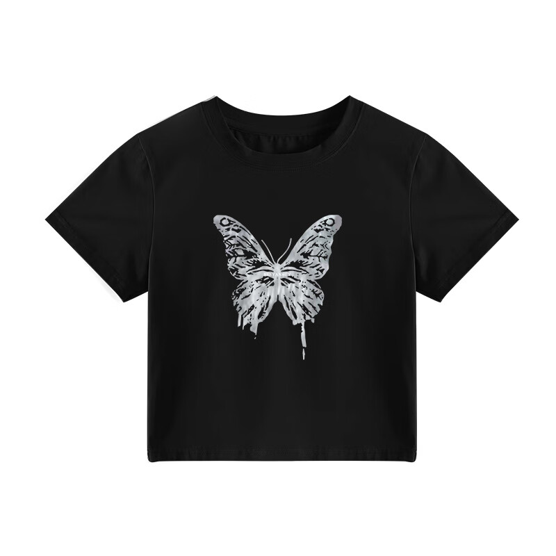 锦彩湾搭配阔腿牛仔裤的上衣新款夏天穿的美式黑色短袖正肩t恤女夏季