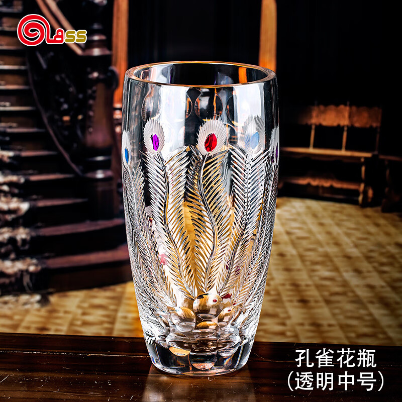 高斯(glass)手工车刻花瓶水晶玻璃手绘花器 透明 305mm