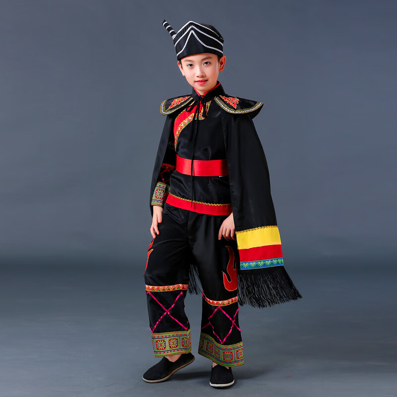 儿童凉山彝族服装彝男传统少数民族服饰男童火把节 1号服装 黑披风