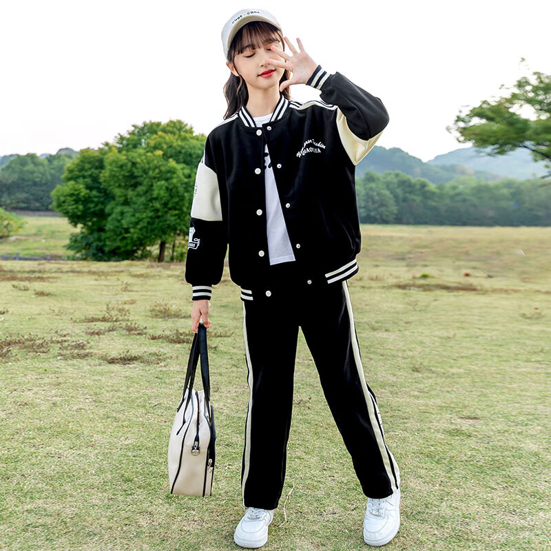 靓女街女童套装春秋款小女孩9-12岁中大童休闲拼接外套裤子两件套服装