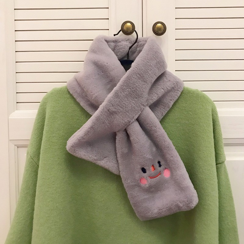 念凝毛绒围巾女冬季韩国ins风百搭笑脸围脖少女学生穿搭可爱加厚保暖毛领子 灰色