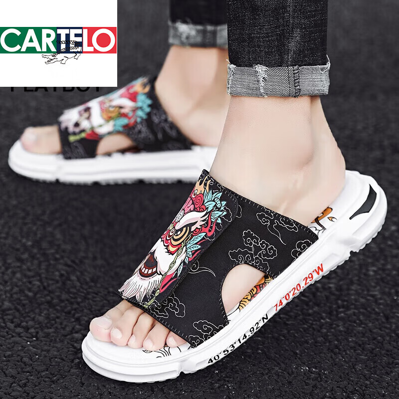 卡帝乐鳄鱼(CARTELO)拖鞋男夏季外穿运动防滑凉鞋男士踩屎感网红沙滩一字凉拖透气 主图款黑色 42