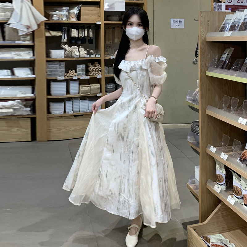 待婉少女甜美风甜美温柔露肩袖连衣裙夏季一字肩公主风超仙初恋裙