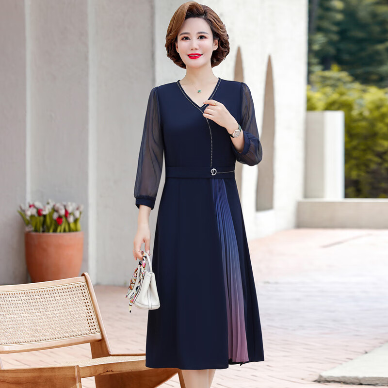 祈珏剪标款年轻妈妈秋装洋气雪纺连衣裙气质春秋40岁50中老年女长袖夏