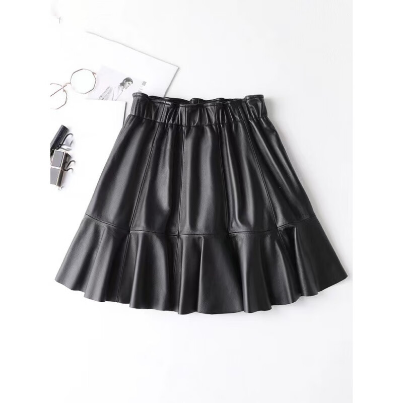思圭秋冬海宁真皮皮裙小短裙女绵羊皮高腰显瘦a字裙松紧腰百褶半身裙