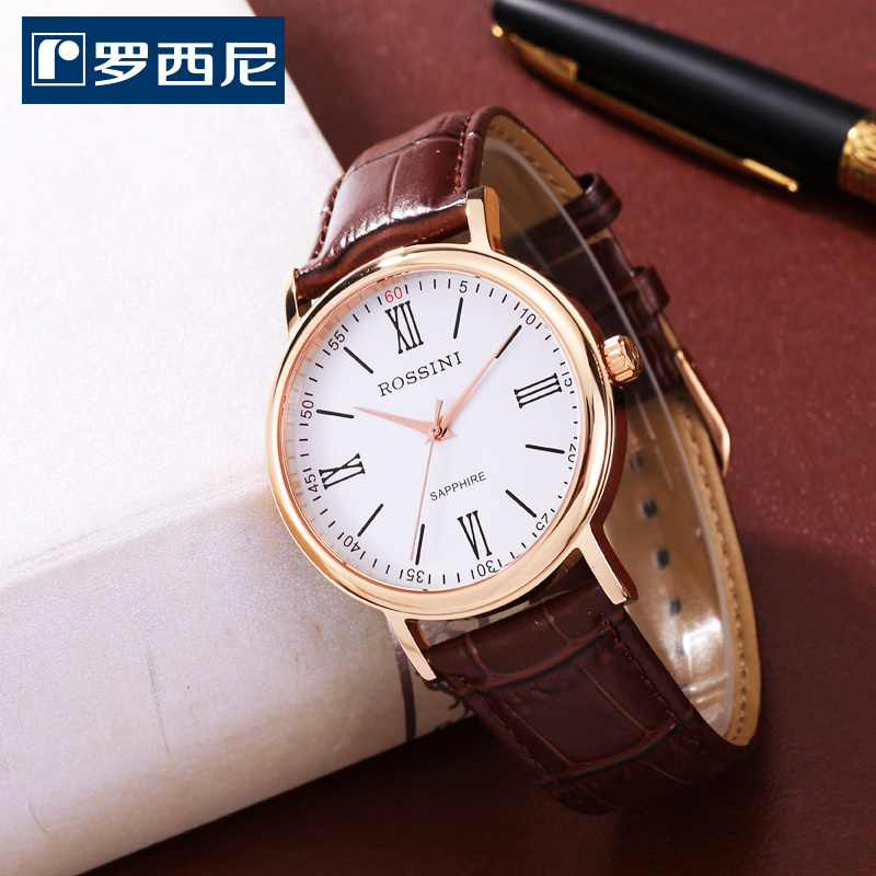 罗西尼(rossini)表罗马数字玫瑰金石英男表防水女士手表牛皮表带情侣