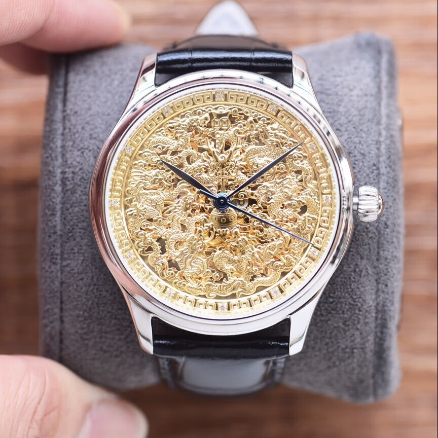 索琦图中国龙机械手表精美雕花高贵机械手表翻盖男装机械腕表皮带 银色