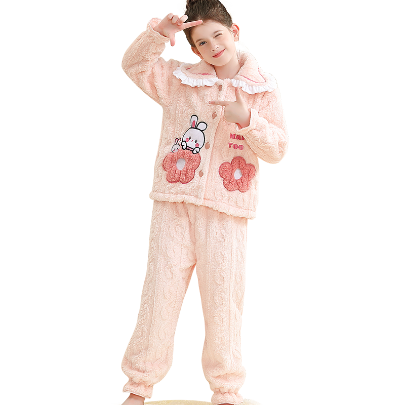 浪莎【舒棉绒】儿童睡衣女童秋冬中大童加绒保暖少女家居服套装