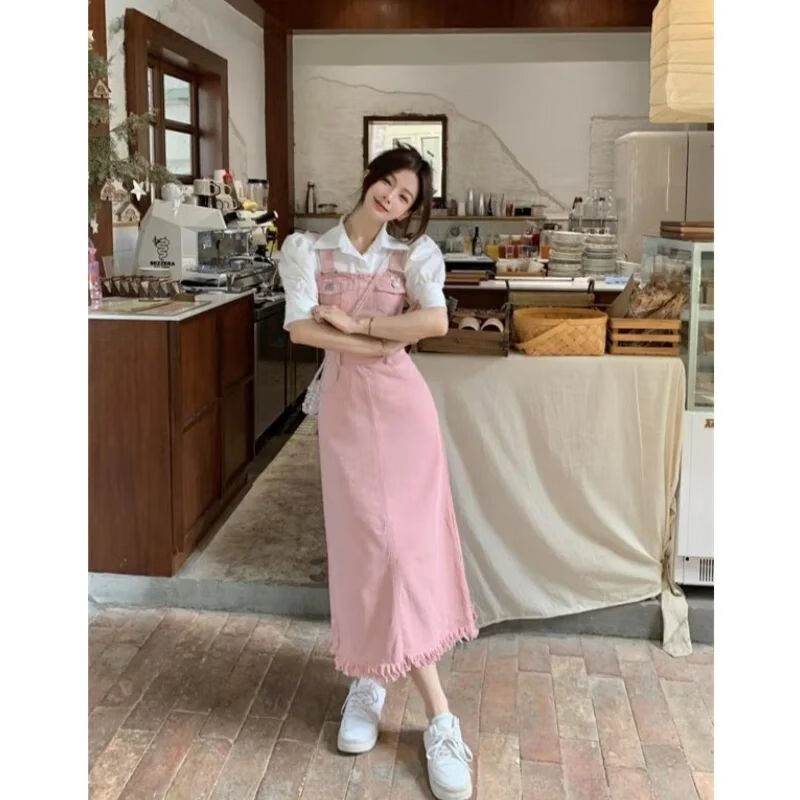妃趣猫矮个子微胖女生穿搭夏季新款盐系法式英伦风牛仔背带裙女盐系