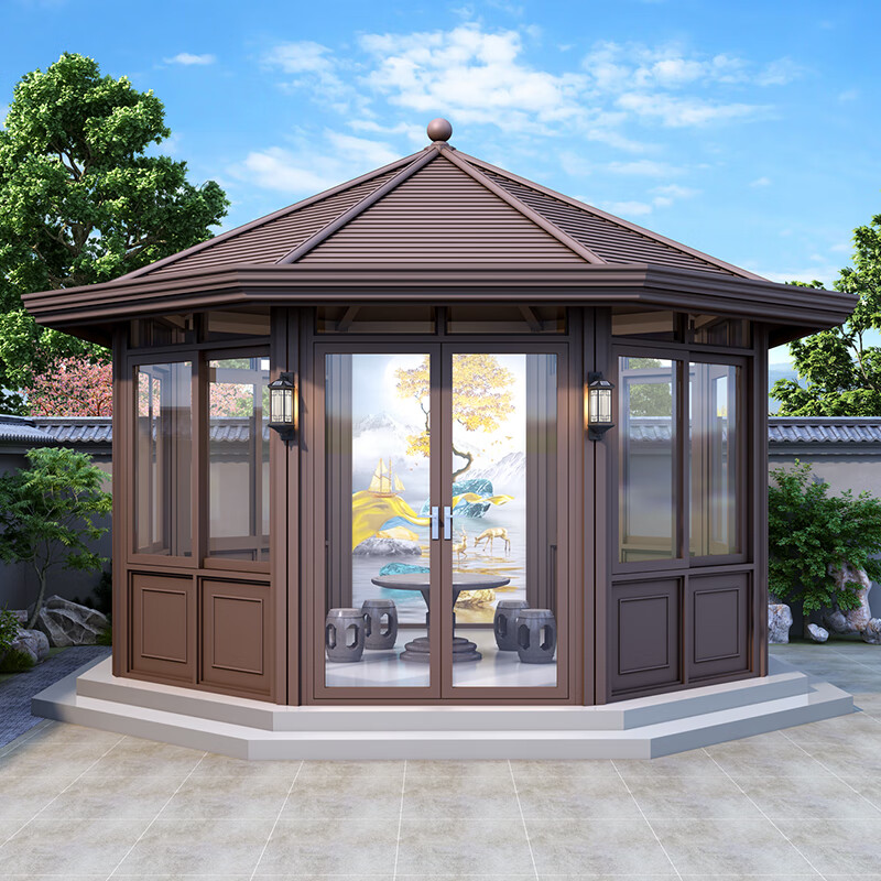 庭院阳光房新中式六角凉亭花园亭子定制 8角亭对角5米平开门6面推拉窗