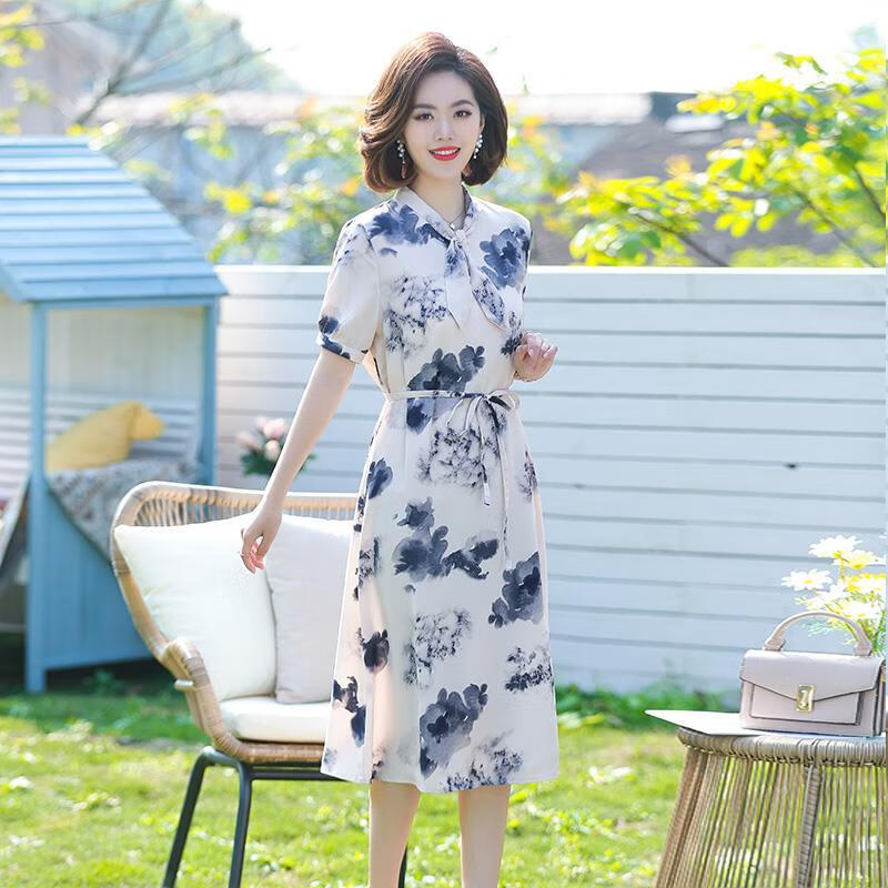 夏装洋气连衣裙2024新款女装夏季短袖衣服气质裙子 卡其【颜色偏粉】