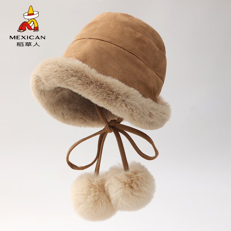 稻草人帽子女冬季新款加绒加厚保暖盆帽显脸小简约时尚百搭渔夫帽蒙古帽 卡其色 均码