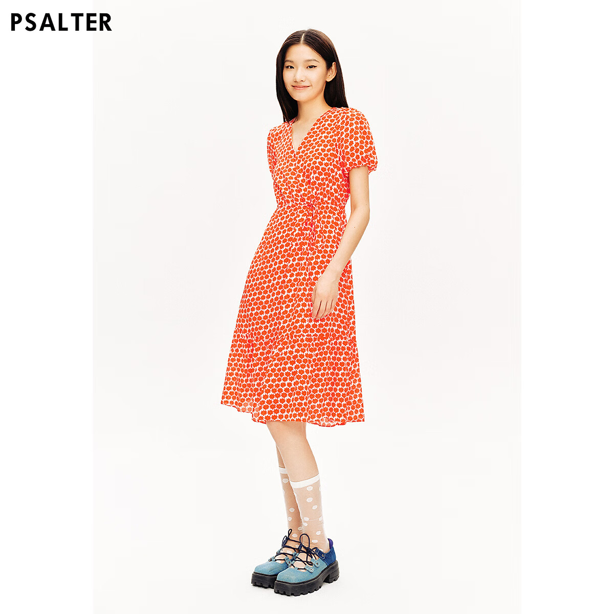 PSALTER詩(shī)篇專(zhuān)選秋季【真絲】100%桑蠶絲雙縐印花V領(lǐng)法式茶歇裙連衣裙 橙紅 S 36
