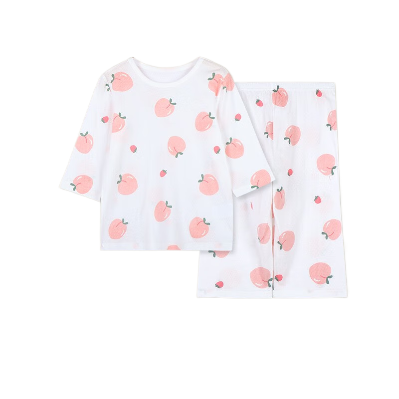 红豆儿童睡衣夏季薄款男女中大童纯棉家居服春秋A类精梳棉七分袖套装 水蜜桃（3206） 120