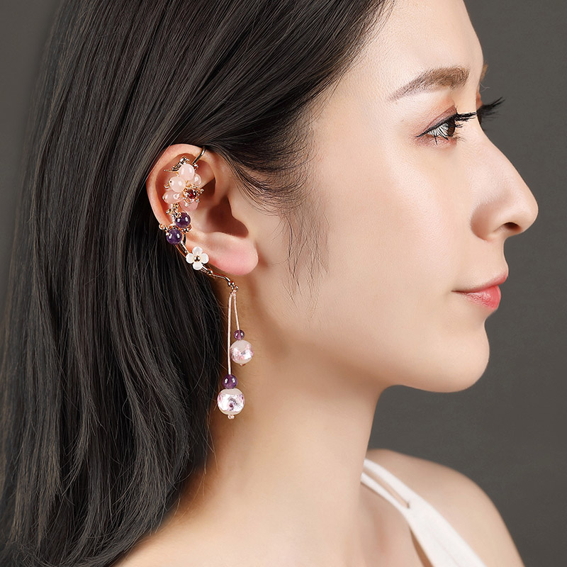 长款粉晶紫水晶仙气质无耳洞耳环复古挂耳式耳坠耳饰女 梦袅 左耳单只