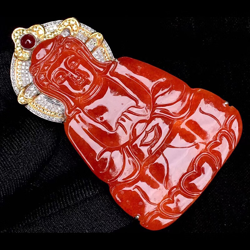 玉佳佳  翡翠冰种红翡观音吊坠 18k镶嵌缅甸a货翡翠男女款珠宝项链