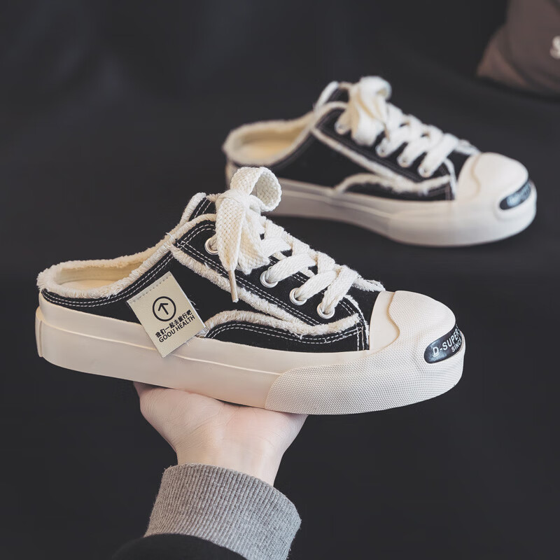 大唐喜乐牛春季开口笑一脚蹬帆布鞋女鞋2024新款懒人半拖休闲布鞋球鞋