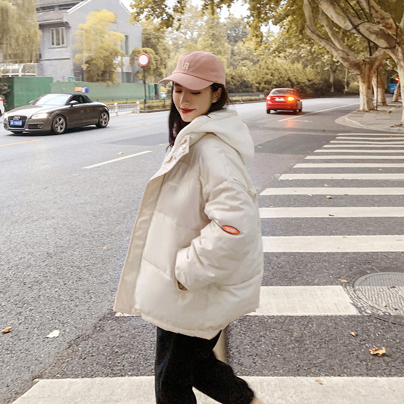 高中生初中生羽绒服女生冬季棉女韩版宽松外套短款学生面包服 米白色