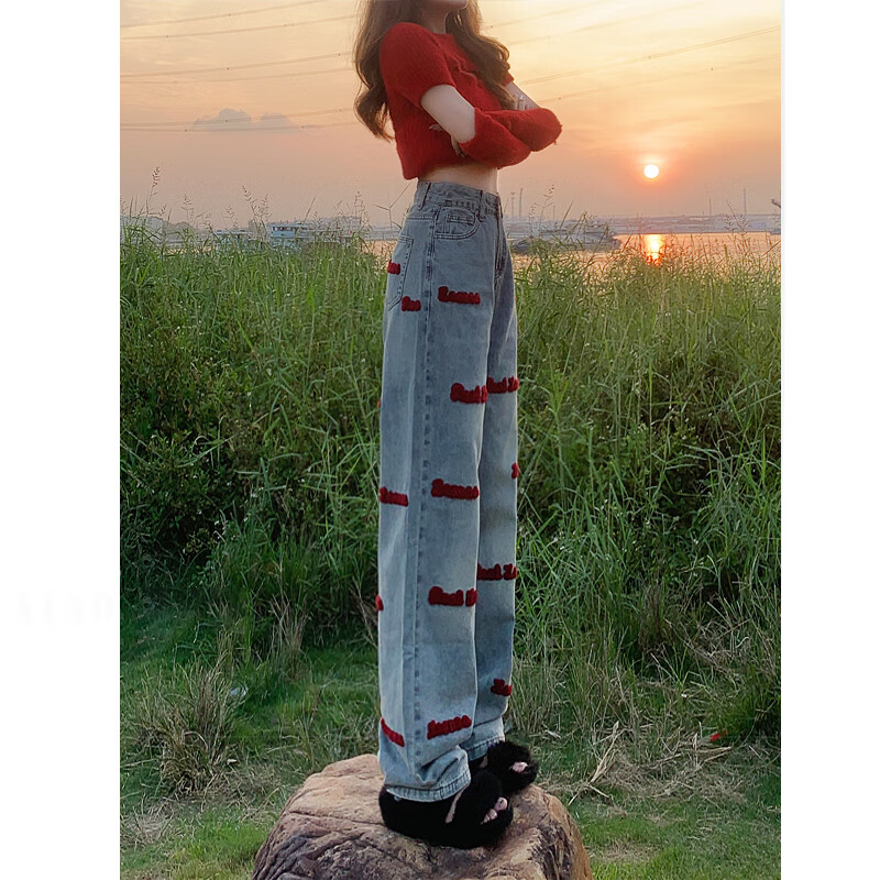 美式高街刺绣牛仔裤女夏季2024新款宽松直筒高腰长裤子薄款 刺绣字母