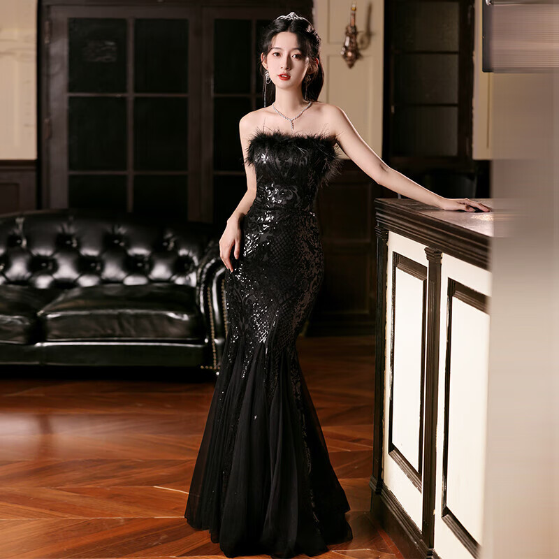 礼服女音乐生美声大气抹胸晚裙轻奢小众高端主持学生成人礼宴 黑色 xs