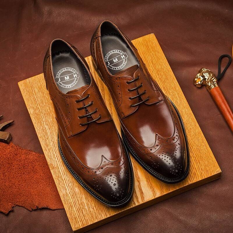 简美惠 布洛克雕花皮鞋男商务正装英伦系带尖头单鞋潮 酒红色 37