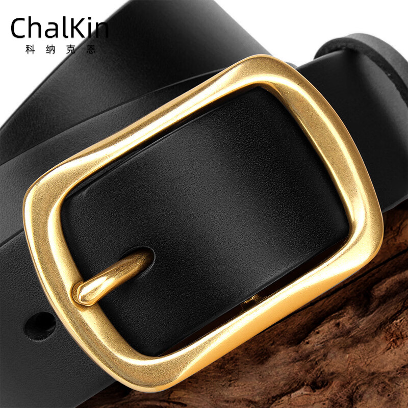 CHALKIN加长皮带男士真皮黄铜针扣式无夹层头层纯牛皮休闲百搭大码腰带 黑色/加长140-150CM