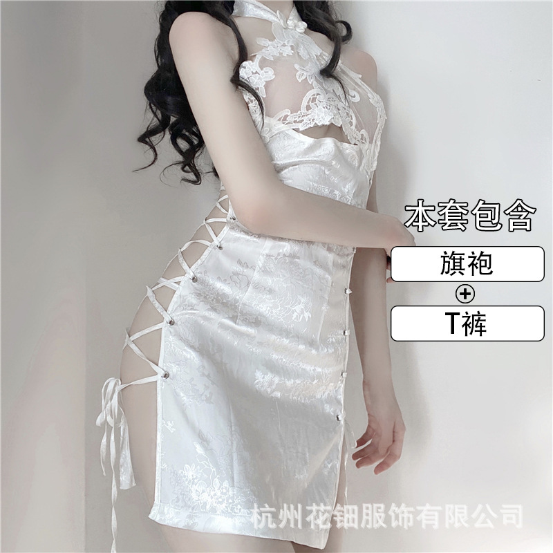 晚趣  璇璇兔 内衣性感复古镂空露背绑带黑蕾丝旗袍短裙睡衣套装 白色