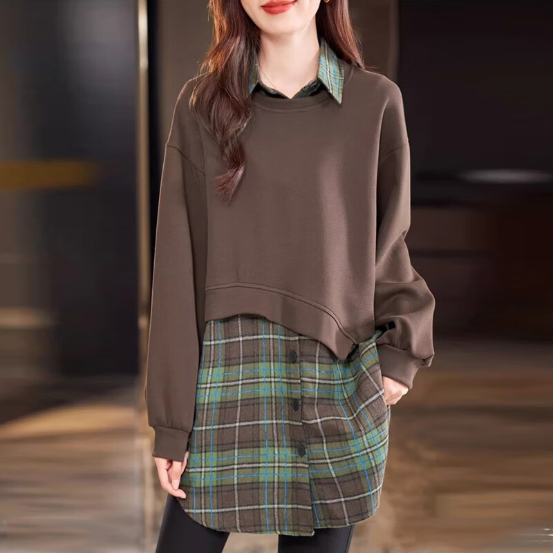 莎妮朵罗大码女装上衣胖mm春装韩版中长款遮肚宽松假两件棉卫衣女T恤19888 咖色 2XL 建议120-140斤穿着