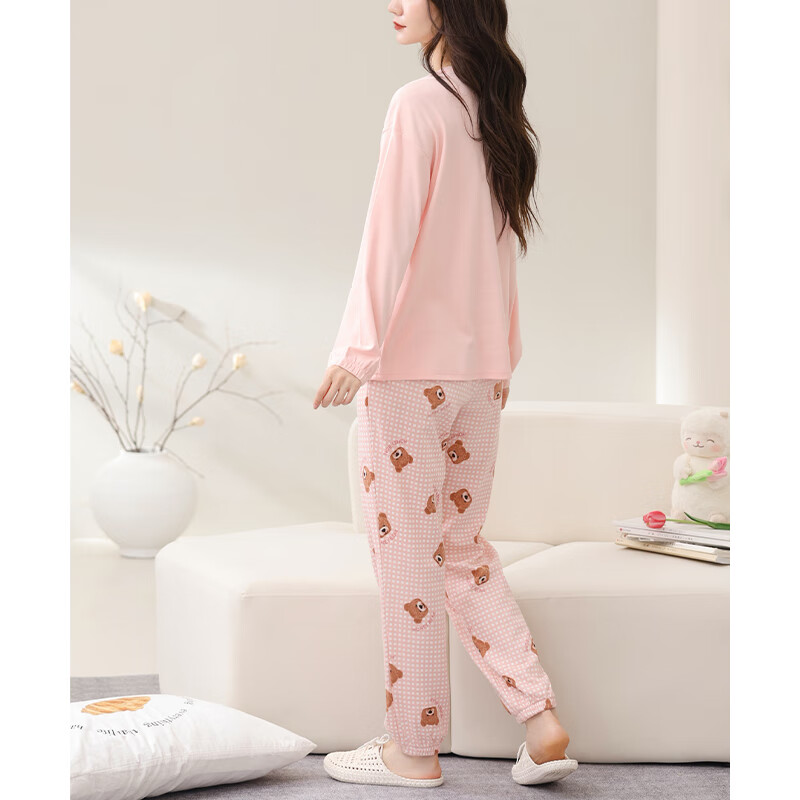 芬腾睡衣女春秋季纯棉长袖套头套装格子宽松休闲全棉加大码家居服 粉色 M 建议:90-110斤