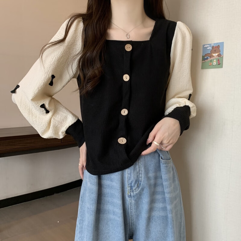 阔腿牛仔裤的上衣大码春季百搭短款方领打底衫穿搭显瘦减龄正 黑色 m