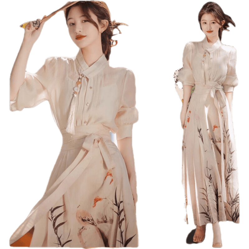 可茵（Keyin）马面裙全套新中式连衣裙2023年新款秋季套装女国风改良旗袍长裙子 上衣+裙子 M