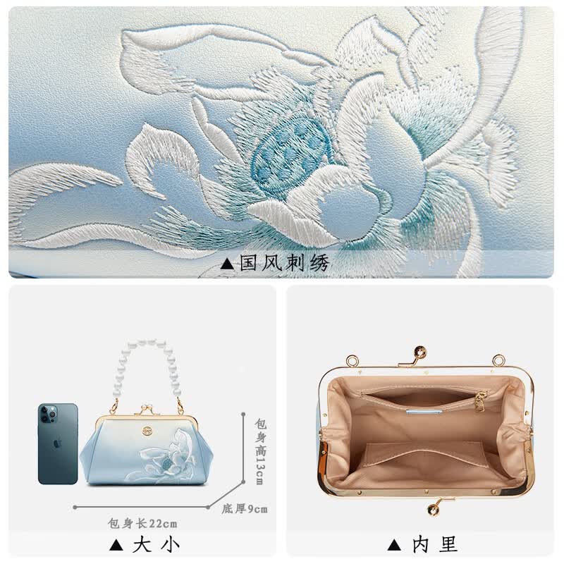 PmSix中国风绣花女包配旗袍包绣花牛皮小包送生日礼物妈妈包白色手拎包 蓝莲花-送礼盒+礼品袋