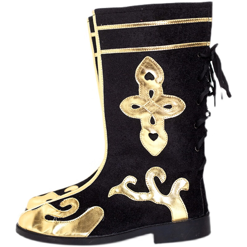 族马靴藏族靴子蒙族舞蹈高腰靴蒙古剧目靴新疆男女软底长筒蒙 黑帆布