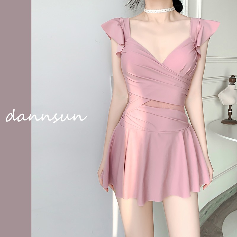 柯帛新款连体泳衣女夏纯欲风保守裙式遮肚显瘦小胸聚拢沙滩泡温泉泳装 粉色 XL