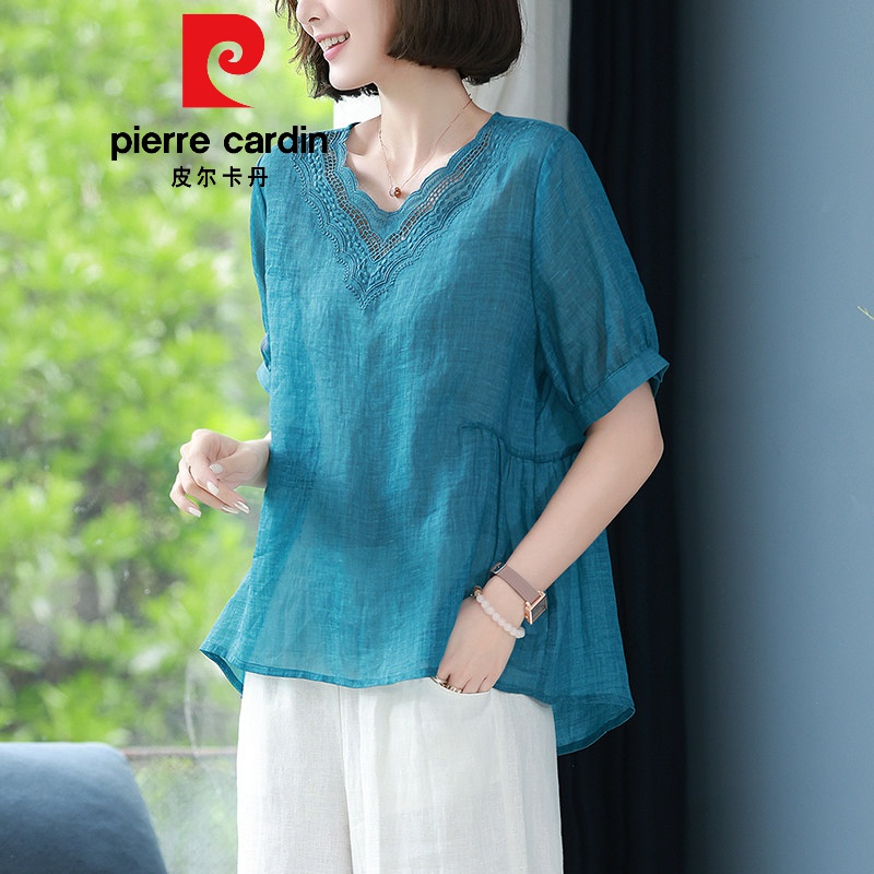 皮尔卡丹轻奢高档女装棉麻上衣女士短袖苎麻小衫夏季恤2022新款休闲